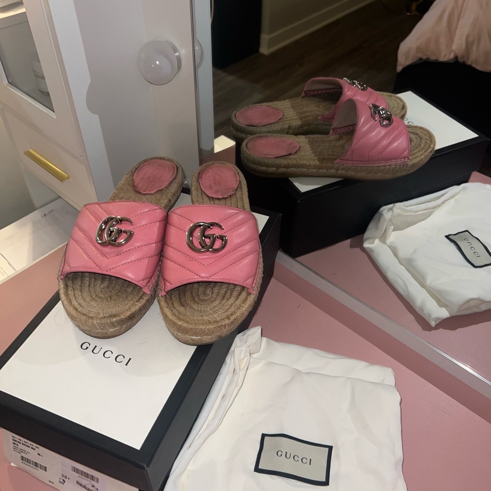 Gucci Pink Marmont Double G Leather Espadrille Slides – Size 38 (Pre-Loved)